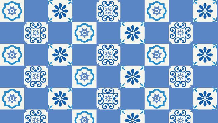 Stylish blue and white tile background with ornamental and floral details. A modern take on classic ceramic tiles, great for wallpapers, fabric prints, and decorative projects.