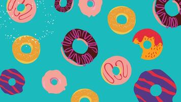 A fun and bright background featuring assorted donuts with sprinkles and icing on a teal background. Perfect for bakery branding, digital wallpapers, textiles, and playful food-themed designs. vector