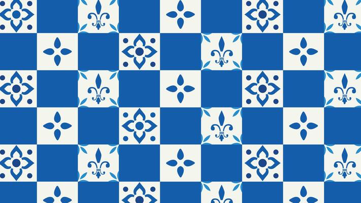 blue and white ceramic tile background with intricate geometric and floral motifs. Perfect for wallpaper, textiles, or decorative projects. Traditional Mediterranean style design.