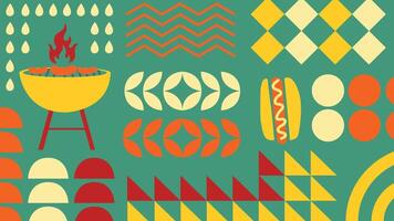 A vibrant BBQ themed background with geometric elements, grill, sausages, and decorative shapes. Perfect for summer designs, food related projects, and retro inspired backgrounds. vector