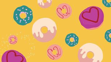 Colorful hand drawn donut background featuring heart shaped and classic ring donuts with sprinkles and icing on a bright yellow background. A playful and vibrant design ideal for sweet themed projects vector
