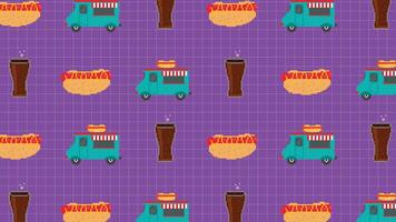 A vibrant pixel art background showcasing cheeseburgers, corndogs, and lettuce leaves on a red grid background. Ideal for fast food themes, digital graphics, or creative design projects. vector