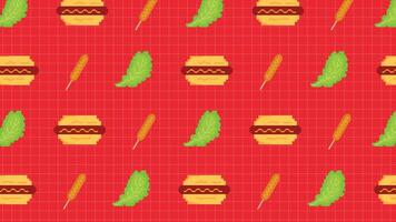 Ideal for fast food themes, digital graphics, or creative design projects. A vibrant pixel art background showcasing cheeseburgers, corndogs, and lettuce leaves on a red grid background. vector