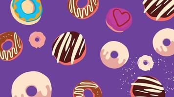 A background of colorful donuts with chocolate, vanilla, and pink icing on a vibrant purple background. Playful and modern dessert themed illustration for food related designs, packaging, and prints. vector