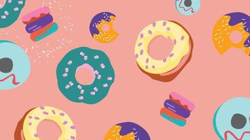 Fun and creative donut background with a mix of classic, bitten, and candy-coated donuts along with eclairs on a soft pink background. A delightful design for confectionery lovers and bakery visuals. vector