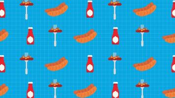 A pixel art background showing sausages, ketchup bottles and grilled sausages on forks on a blue grill background. Perfect for BBQ themes, food-related prints or digital designs. vector