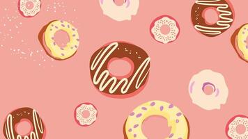 A background of delicious donuts with chocolate, vanilla, and pink icing on a soft pastel background. Sweet and tasty dessert illustration perfect for bakery-themed designs and prints. vector
