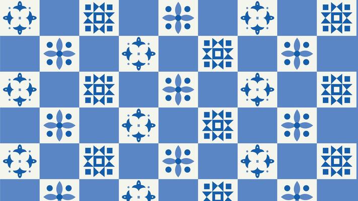 blue and white ceramic tile background with intricate geometric and floral motifs. Perfect for backgrounds, wallpaper, textiles, or decorative projects. Traditional Mediterranean style design.