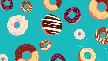 A background of delicious donuts with chocolate, vanilla, and colorful icing on a teal background. A playful food illustration ideal for wrapping paper, fabric prints, digital designs, and branding. vector