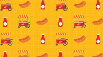 A pixel art background featuring hot dog carts, ketchup bottles, and sausages on a yellow grid background. Perfect for food related designs, restaurant themes, or retro-style digital projects. vector