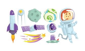 Space Attributes and Astronaut Wearing Spacesuit Set vector