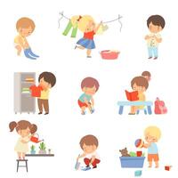 Little Kids Doing Things on Their Own Illustrations Set vector