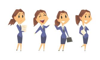 Woman Wearing Office Uniform and Working on Project During the Day Set vector