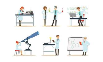 Scientists Doing Researches and Calculations in the Laboratory Illustrations Set vector