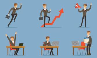Sad Tired Or Happy Successful Manager In A Business Suit With Tie Illustration Set Isolated On Blue Background vector