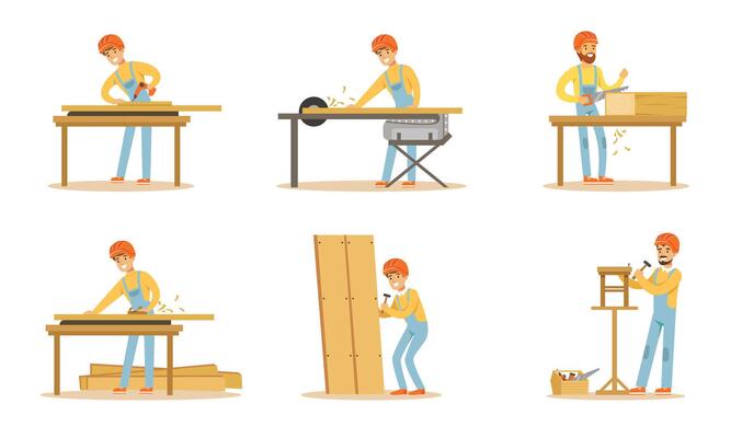 Professional Carpenter Character Doing His Daily Work Illustration Set Isolated On White Background