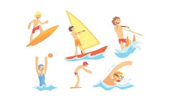 People Characters Having Vacation and Doing Water Activities Illustrations Set vector