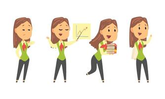 Woman Wearing Office Uniform and Working on Project During the Day Set vector