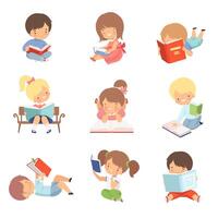 Kid Characters Learning to Read Illustrations Set vector