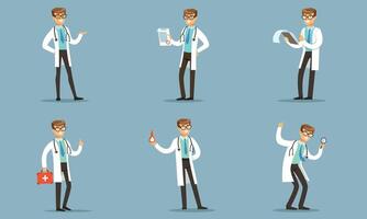Handsome Doctor Making Daily Practical And Paper Work Illustration Set Isolated On Blue Background vector