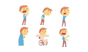 Sick Kid Character Suffering From Chickenpox and Stomachache Set vector