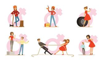 Fragile Woman Doing Male Work And Competes With Man Illustration Set Isolated On White Background vector