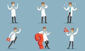 Doctor Character In Different Actions Pondering A Patients Diagnoses Illustration Set Isolated On Blue Background vector