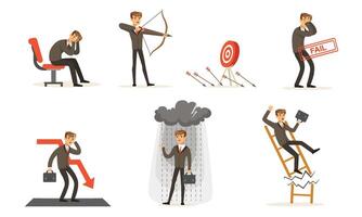 Unsuccessful Businessman In Suit And Failures In Work Illustration Set Isolated On White Background vector