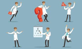 Handsome Doctor Character In Daily Diagnostic Work Illustration Set Isolated On Blue Background vector