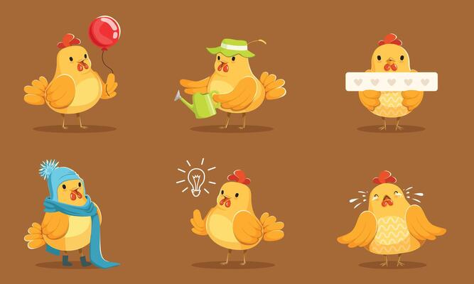 Animated Yellow Chickens In Different Poses Illustration Set Cartoon Character