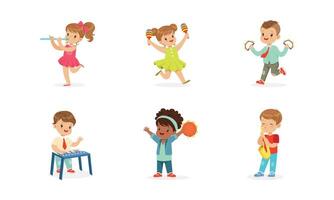 Little Kids Smiling and Playing Musical Instruments Illustrations Set vector