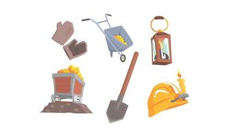 Gold Mining Attributes Set. Mineral Crystal Searching Collection vector