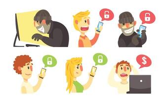 Scammers Hack Computers And Phones To Steal Personal Data And Money, Cyber Crimes Illustration Set Isolated On White Background vector