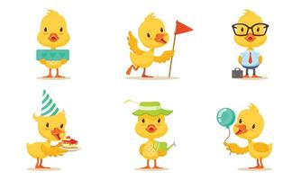 Pretty Animated Chickens In Different Actions Illustration Set Cartoon Character vector