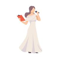 Girl In Long White Dress With Tablet Using Microphone To Talk Or Sing Illustration Isolated On White Background vector