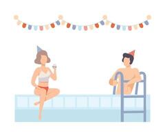 Man And Woman Talking And Drinking At A Pool Party Illustration Isolated On White Background vector