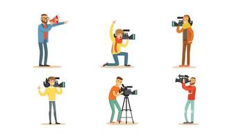 People Characters Shooting News and Journalists Doing Reportages Set vector