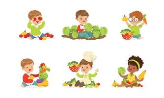 Little Kids Playing with Vegetables Set vector