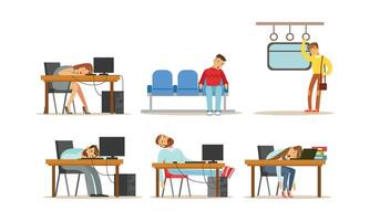 People Sleeping In Different Positions in Various Places Illustrations vector