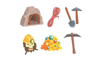 Gold Mining Attributes Set. Mineral Crystal Searching Collection vector