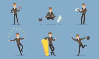 Successful Manager In A Business Suit Doing The Daily Work In The Office Illustration Set Isolated On Blue Background vector