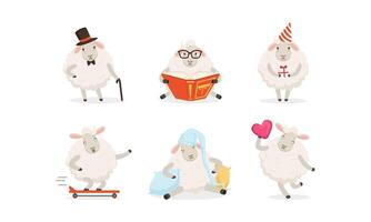 Cute Cartoon Sheep Set. Farm Wooly Character Reading Book vector