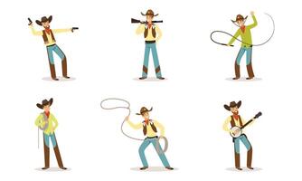 Funny Cartoon Character Of Western Cowboy With Wild West Attributes Illustration Set Isolated On White Background vector