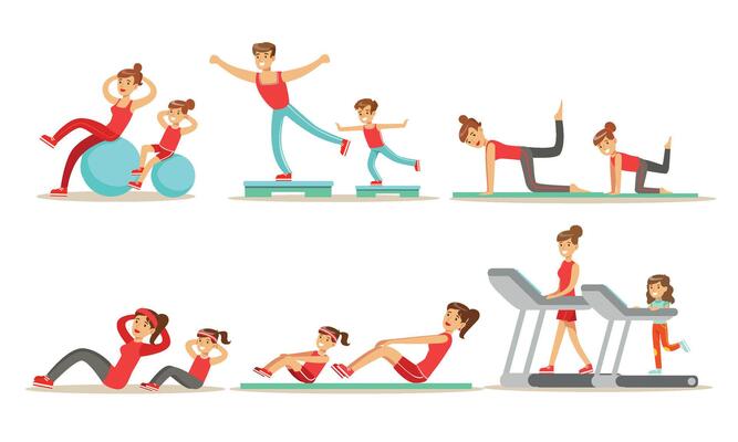 Parents With Kids Doing Fitness Exercises Together Illustration Set Isolated On White Background