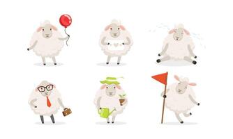 Cute Cartoon Sheep Set. Farm Wooly Character Watering Plant vector