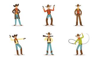 Cowboy Western Character In Traditional Clothes In Different Poses And Actions Illustration Set Isolated On White Background vector