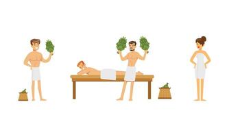 People Characters Wearing Towels Enjoying Sauna Procedures Illustrations vector