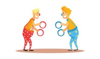 Two Clown Characters Juggling with Colorful Circles Illustration vector