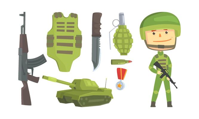 Military Man Attributes and Soldier Wearing Helmet Set