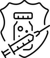 A line icon of tablet bottle with an injection showing medication safety vector